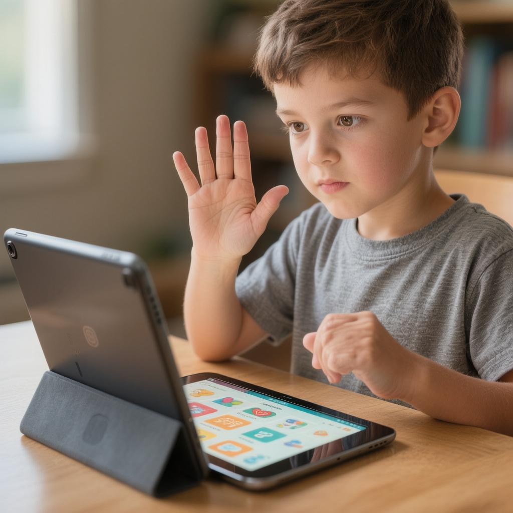 Child using sign language with tablet