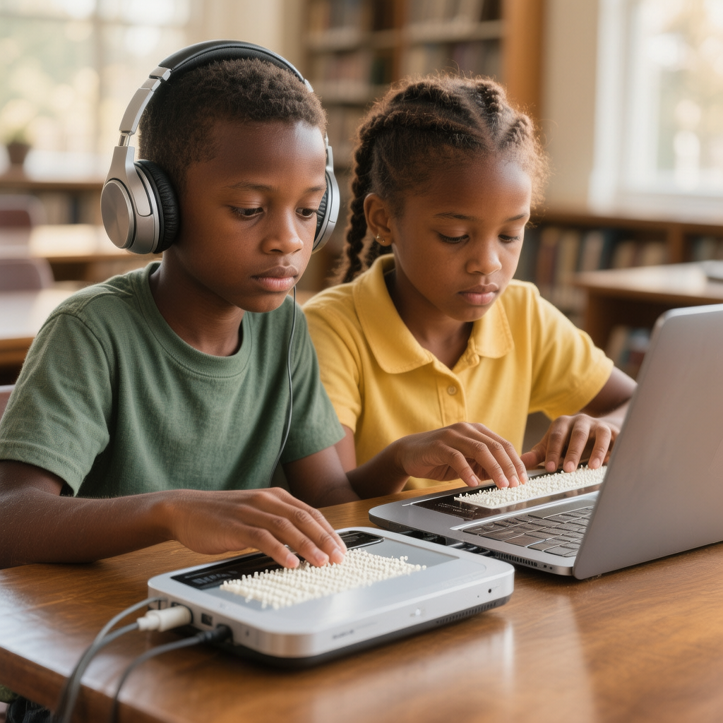 Children using braille displays and screen readers